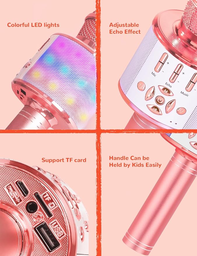 Amazmic Karaoke Microphone for Adults, Wireless Bluetooth Microphone for Singing Portable Karaoke Machine Handheld with LED Lights, Gift for Kids Adults Birthday Party, Home KTV(Rose Gold)-CubbioJoy