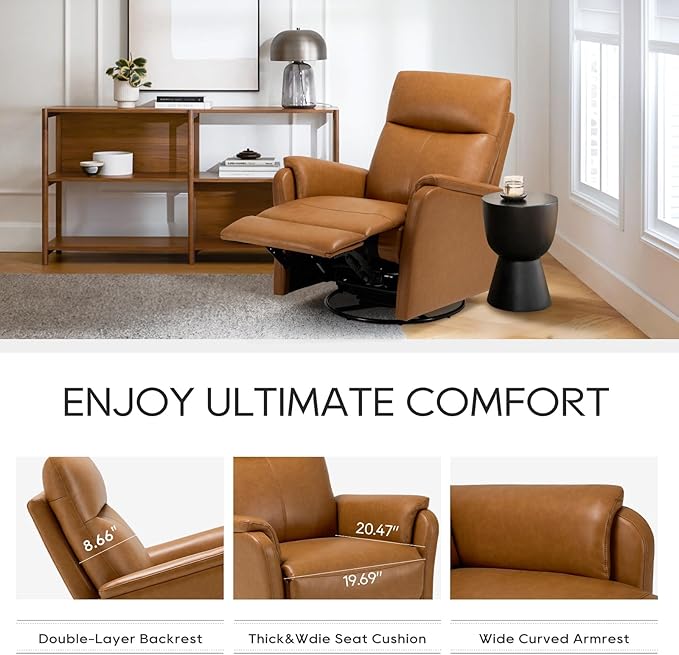 COLAMY Leather Swivel Recliner Chair with Footrest, High Back with Double-Layer Cushion, Glider Recliner for Nursery & Living Room, Bedroom, Camel-CubbioJoy