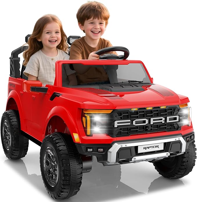 24V Ride on Car Licensed Ford F-150 Raptor, Kids Electric Car with Remote Control, LED Light/Music/MP3, Truck Bed Storage, 3-Point Seat Belt (24V, Red)-CubbioJoy