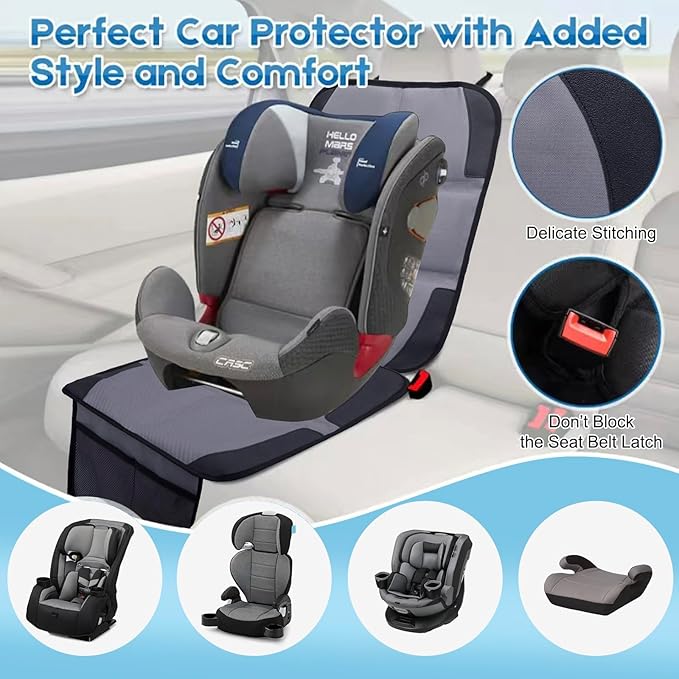 Car Seat Protector 2 Pack Baby Car Seat Covers with Mesh Pockets & Non-Slip Backing 600D Durable Seat Protector Under Baby Car Seat (Gray, Standard)-CubbioJoy