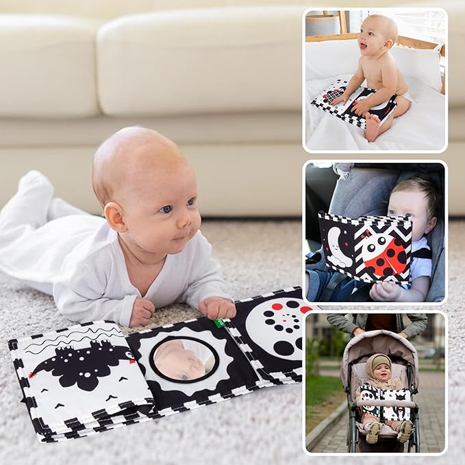 Cawgug Black and White High Contrast Baby Toys for Newborn Brain Development Tummy Time Soft Book Babies 0-3 6-12 Months Montessori Learning Activities Infant and Sensory Visual Stimulation Toys-CubbioJoy