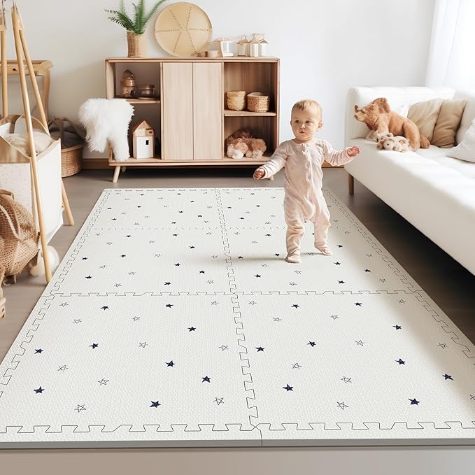 Baby Foam Play Mat, PIGLOG 72x48 Baby Crawling Mat, Floor Mats for Kids for Infants with Interlocking Floor Tiles, Toddler Playmats for Indoor and Outdoor, Easy to Clean Playroom Mats, Star-CubbioJoy