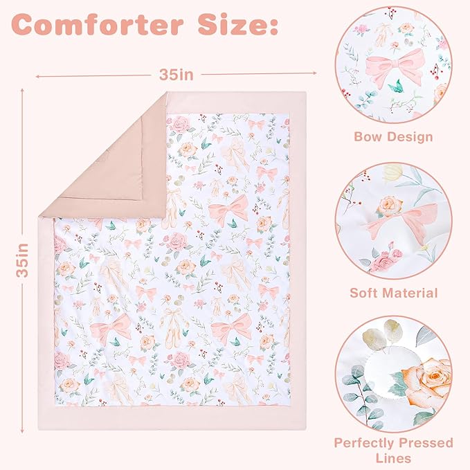 GFU Crib Bedding Set for Girls 4-Piece, Bow Baby Girl Crib Bedding Set Pink Flowes, Nursery Sets Includes Comforter, Fitted Crib Sheet, Crib Skirt, and Diaper Stacker-CubbioJoy