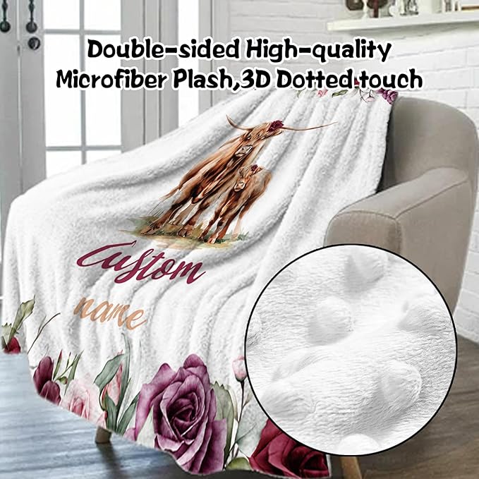 Custom Nursery Crib Bedding Set: Personalized Name 4 Piece Rose Highland Cow Design Baby Crib Sets for Girls - Toddler Double Layer Blanket Set, Comfortable Crib Bed Sheets for Baby Toddlers-CubbioJoy