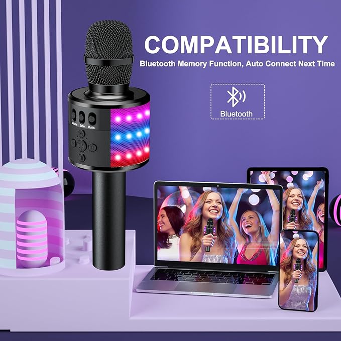 BONAOK Karaoke Microphone for Kids & Adults - Bluetooth Microphones Singing Mic with Disco Lights, Echo Effect, Built-in Speaker Portable Karaoke Player for Party Travel Gifts Q78(Black)-CubbioJoy