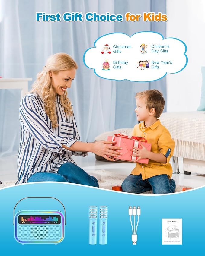Karaoke Machine for Kids Adults, Birthday Gifts Toys for Girls Boys Age 3-12+,Mini Portable Bluetooth Singing Speaker with 2 Wireless Microphones & LED Lights (Blue)-CubbioJoy