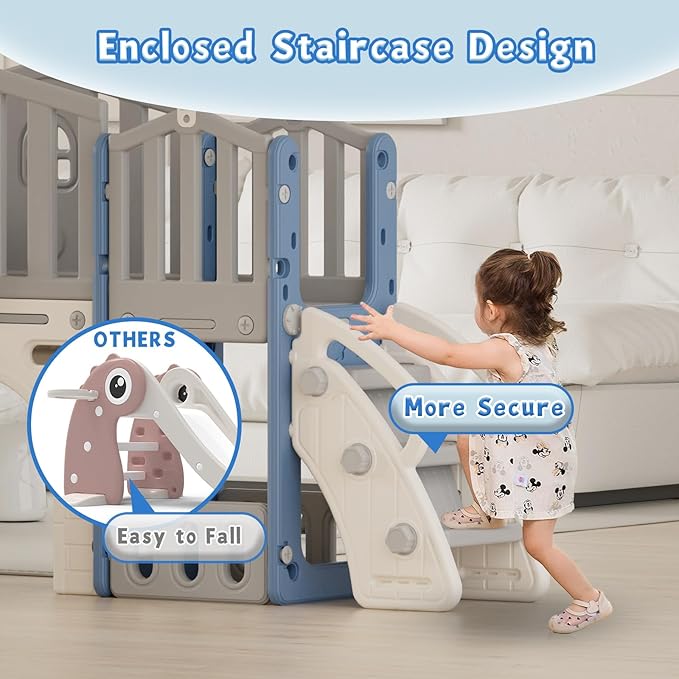 8 in 1 Toddler Slide Set, Kids Slide for Toddlers Age 1-3, Toddler Climber Slide PlaySet with Basketball Hoop and Ball, Outdoor Indoor Kids Playground for Toddlers 1-3, Blue Grey-CubbioJoy