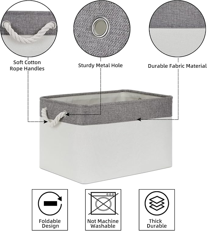 Bidtakay White Baskets with Cotton Rope Handles Decorative Storage Bins [3-pack] Fabric Bins for Organization Linen Closet Shelf Storage Baskets for Clothes Toys Towels 15 X 11 X 9.5 Inches-CubbioJoy