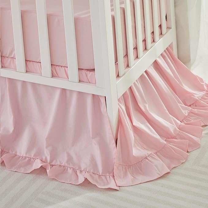Brandream Farmhouse Crib Bedding Sets for Girls and Boys | 3 Piece Nursery Set Pink Ruffles | Baby Comforter, Fitted Crib Sheet, Crib Skirt Included,100% Cotton Percale-CubbioJoy