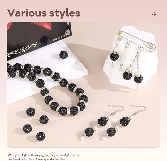 160pcs 10mm Rhinestone Beads for Jewelry Making, Black Shiny Round Disco Ball Beads Bulk, Sparkle Crystal Clay Christmas for Bracelet Baseball Necklace Earring Crafting and DIY-CubbioJoy