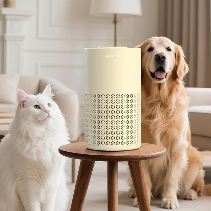 AIRROMI Air Purifier for Bedroom with HEPA Fet Filters, Pet Air Purifiers for Home Cat Pee Smell, Covers Up to 990Ft², Quiet 360° intake Air Cleaner for Allergies Dust Smoke Odor A2001 Yellow-CubbioJoy