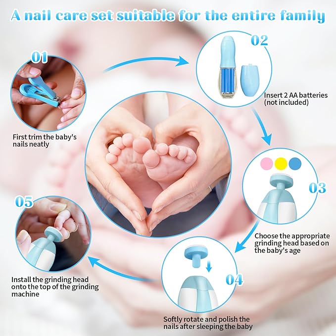 JIFTOK Baby Healthcare and Grooming Kit, 30 in 1 Baby Electric Nail Trimmer Set, Newborn Nursery Care Kit, Baby Essentials Set with Hair Brush Comb, Nail Clippers for Infant Toddlers Boys Girls (Blue)-CubbioJoy