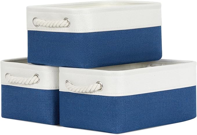 Bidtakay Small Storage Baskets for Shelves 3 Pack Fabric Storage Bins for Organizing Linen Collapsible Organizer for Closet-White&Blue-CubbioJoy