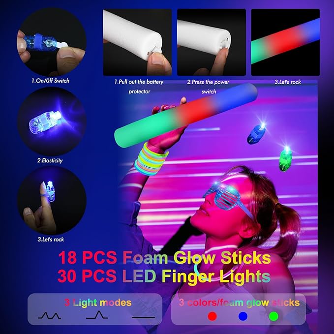 282 PCS Glow in the Dark Party Supplies, 18 Foam Sticks, 18 LED Glasses, 200 Glow Sticks, 30 Finger Lights, 8 Bunny Ear Headband and 8 LED Cat Ear Headband for Wedding,Birthday,Concert,New Year-CubbioJoy