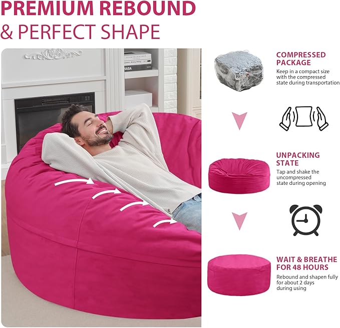 6FT Bean Bag Chair, Large Bean Bag Chairs with Memory Foam Filled, Fluffy Beanbag Sofa with Dutch Velvet Cover, Round BeanBag Chairs for Living Room, Playroom - Pink-CubbioJoy