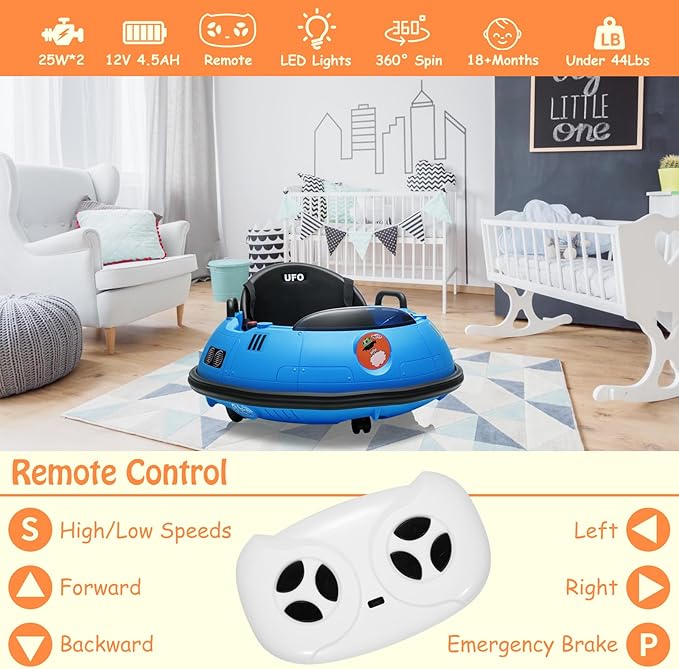 12V Electric Ride on Bumper Car for Toddlers, Kids Bumper Car with Remote Control, LED Lights & 360 Degree Spin, Indoor and Outdoor for 18+ Months Kids (Blue)-CubbioJoy