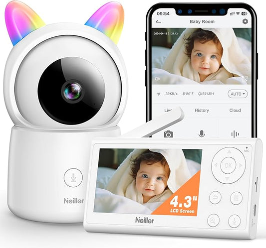 Baby Monitor, 4.3" Video Baby Monitor with 1080P Camera, Smart 2.4G WiFi Audio Monitor with Remote PTZ, Night Vision, 2-Way Talk, Sleep Mode, RGB Night Lights, Lullabies & 1000ft Range, APP Control-CubbioJoy