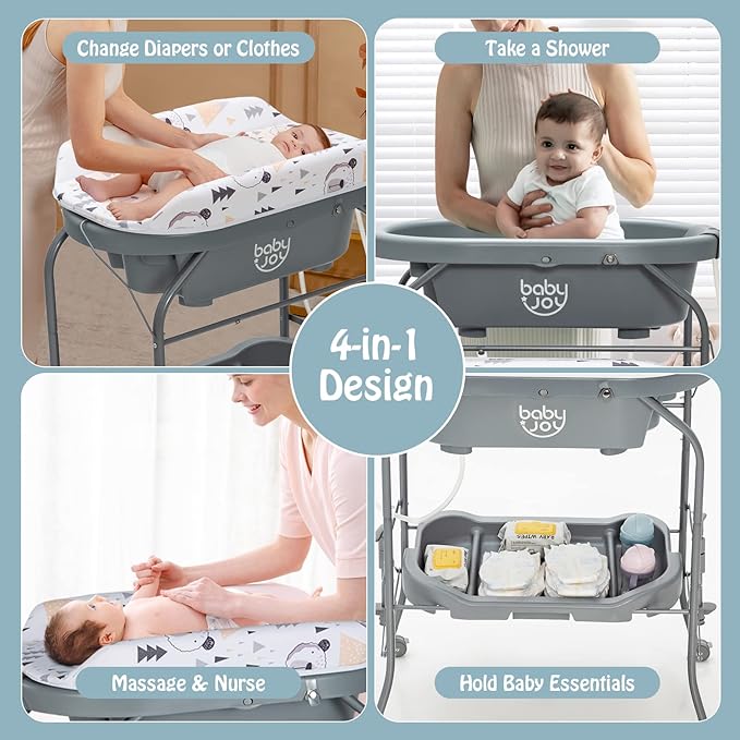 BABY JOY Baby Bathtub with Changing Table, Foldable Infant Diaper Changing Station with Storage Tray, Waterproof Pad, Portable Newborn Nursery Organizer Bath Stand with 4 Universal Wheels (Gray)-CubbioJoy