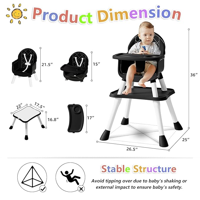 6 in 1 Baby High Chair for Babies and Toddlers, Booster Seat, Kids Learning Table & Chair (Black)-CubbioJoy