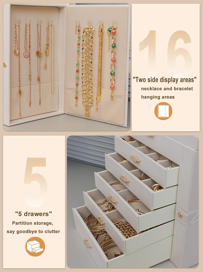BOOVO Jewelry Box For women, 6 Layer Large Jewelry Organizer With Mirror, Multi-Function Storage Box With Lock, Necklace Holder With 5 Drawers, For Earrings Necklace Bracelet (Pearl White and Gold)-CubbioJoy