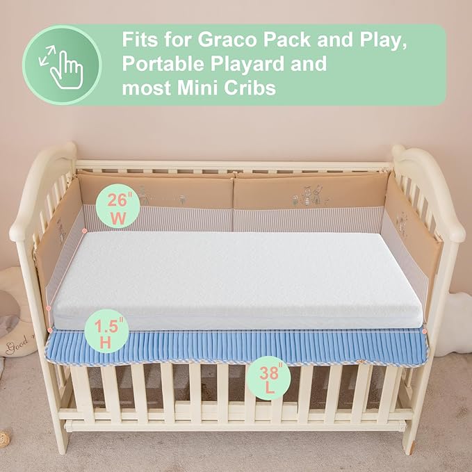 ANGELBLISS Pack and Play Mattress, 38 x 26 Pack N Play Mattress for Baby and Toddlers, Gel Memory Foam Mattress with Removable Cover, Dual Side Premium Playpen Mattress, BM-01-CubbioJoy