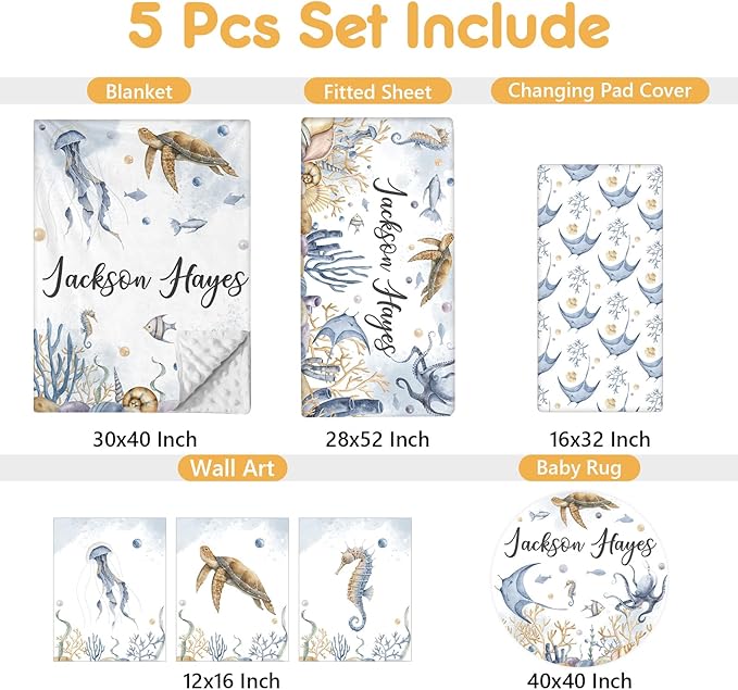 Custom Crib Bedding Set - 5 Pcs Customized Baby Crib Set with Name - Soft Double Layer Marine Animals Nursery Baby Bedding Set for Girls Boys - Personalized for Infant Toddler-CubbioJoy