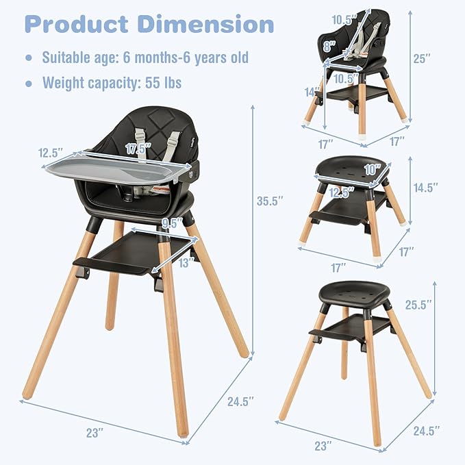BABY JOY Baby High Chair, 6 in 1 Convertible Wooden High Chair for Babies & Toddlers with Adjustable Legs, Double Removable Tray, Safety Harness & Waterproof PU Cushion (Black)-CubbioJoy