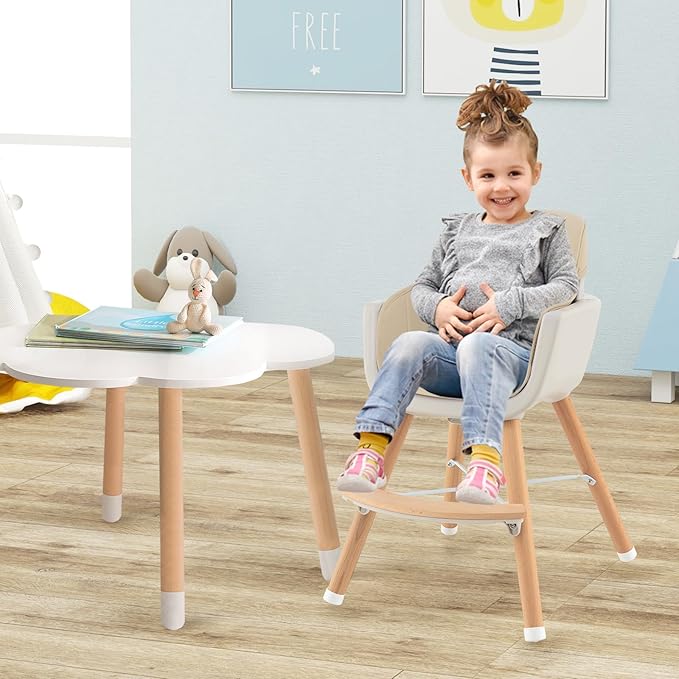 BABY JOY Convertible Baby High Chair, 3 in 1 Wooden Highchair/Booster/Chair with Removable Tray, Adjustable Legs, 5-Point Harness, PU Cushion and Footrest for Baby, Infants, Toddlers (Beige)-CubbioJoy