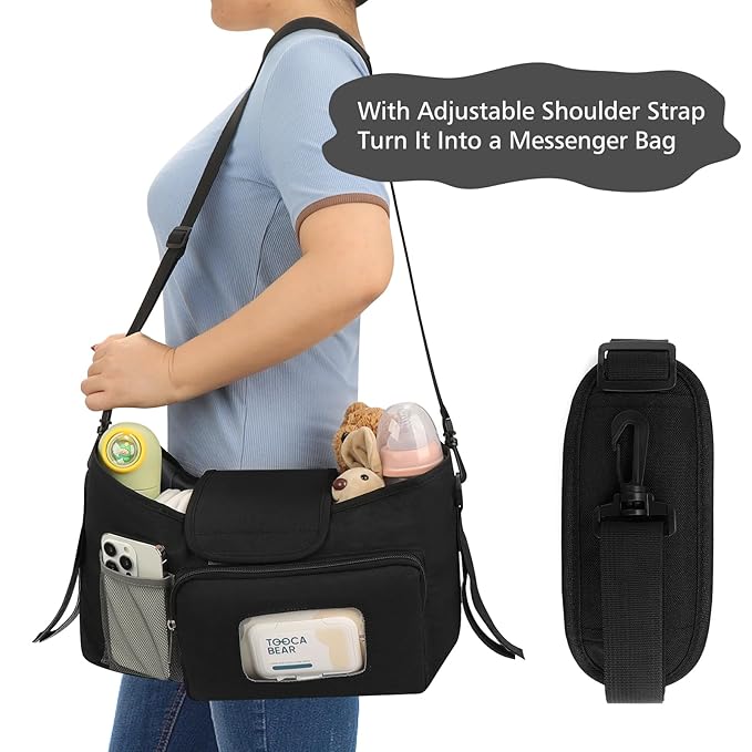 Accmor Universal Stroller Organizer with Insulated Cup Holder, Stroller Caddy Bag Accessories, Stroller Cup Holder Organizer for Uppababy Baby Jogger Britax Stroller, Black-CubbioJoy