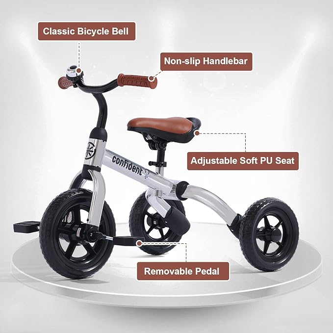 Ancaixin 3 in 1 Toddler Tricycles for 2-5 Years Old Boys Girls with Adjustable Seat Detachable Pedal and Bell, Foldable Baby Balance Bike Riding Toys, Kids Birthday Christmas New Year Gift (Silver)-CubbioJoy