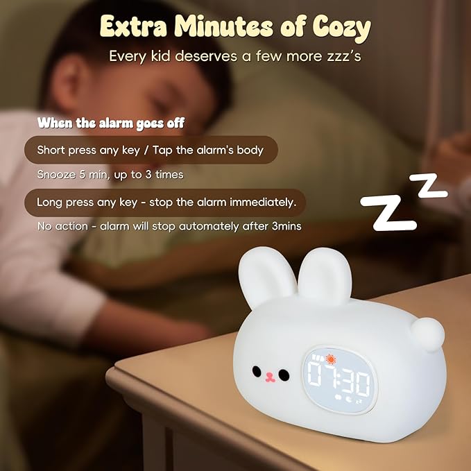 Bunny Alarm Clock with Night Light for Kids with Sleep Training and Sound Machine, Rechargeable Silicone Lamp OK to Wake Clock，Cute Animal Tabletop Lamp, Perfect Sleep Companion for Boys Girls-CubbioJoy
