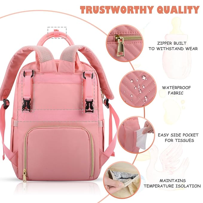 Baby Diaper Bag Backpack, Travel Diaper Bags for Baby Girl Boy Large Capacity Baby Bag Backpack for Women Light Pink-CubbioJoy