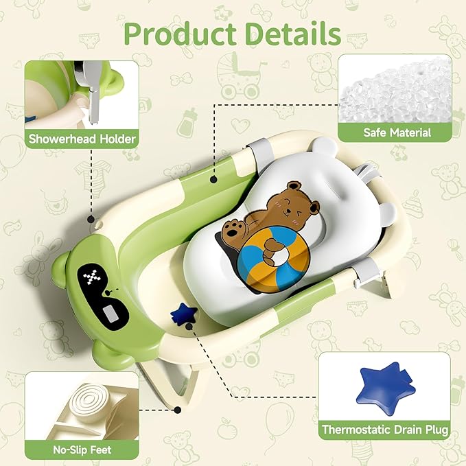 Collapsible Baby Bathtub for Newborn to Toddler (0-18 Month) - Portable Baby Bath Tub for Travel, Newborn Bathtub with Soft Towel and Floating Cushion (Green)-CubbioJoy