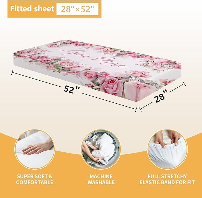 Custom Crib Bedding Set - 5 Pcs Personalized Name Pink Flowers Baby Crib Set for Infant Toddler Girl - Comfortable Double Layer Nursery Bedding Set - Customized Present for Birthday Baby Shower-CubbioJoy