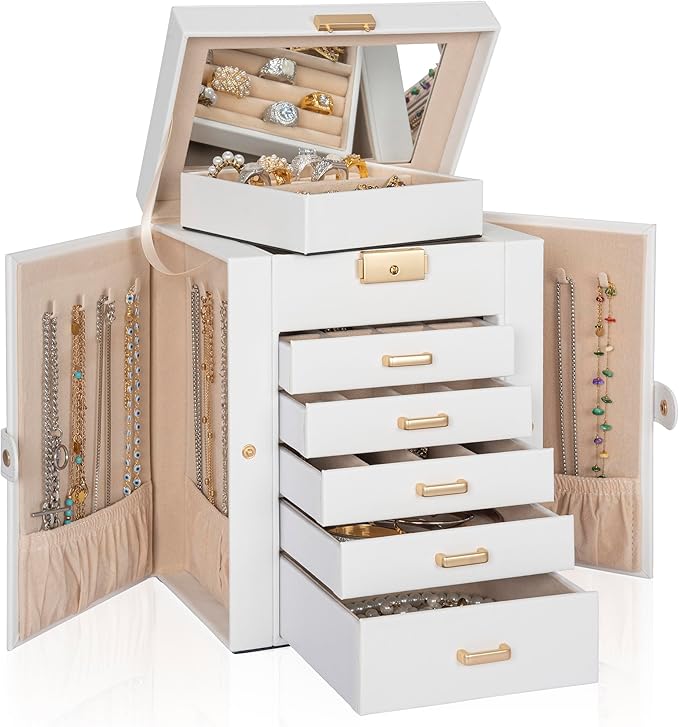 AKOZLIN 6-Tier Jewelry Box Lockable Leather Jewelry Storage Case with 5 Drawers for Women Girls Ring Necklace Earring Bracelet Holder Organizer with Mirror-CubbioJoy