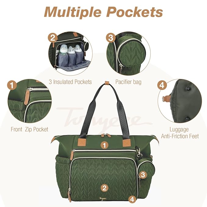 Diaper Bag Tote, Large Baby Diaper Bags Waterproof, Hospital Bag for Labor Delivery with Pacifier Case, Changing Pad, Shoulder Strap, Dark Green-CubbioJoy