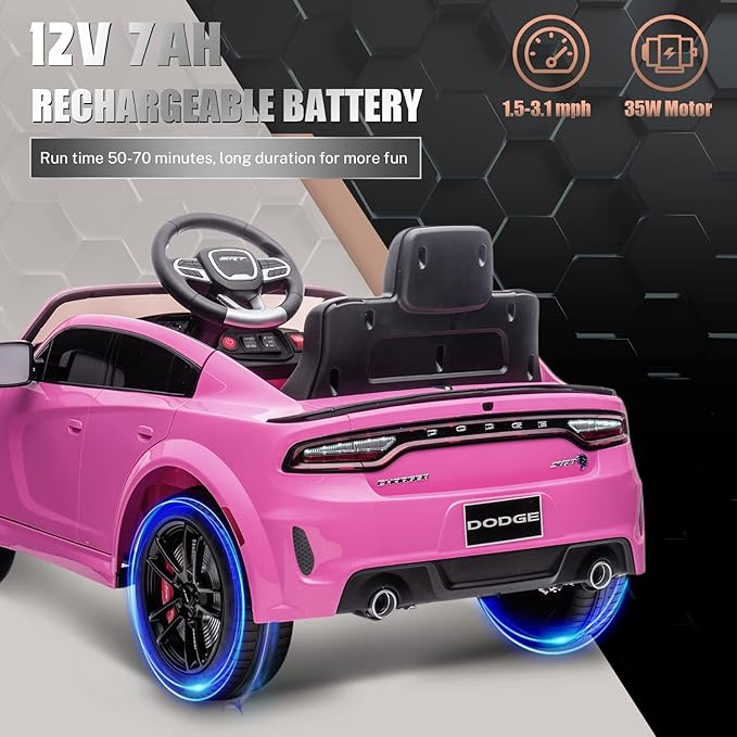 12V 7Ah Kids Electric Ride on Car, Licensed Dodge Charger SRT Hellcat, Battery Powered 4-Wheels Toy Car Electric Vehicle for Kids with Remote Control, 3 Speeds, LED Lights, Music (Pink)-CubbioJoy