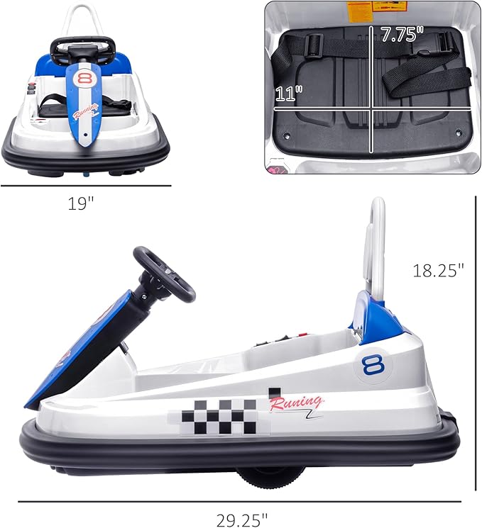 Aosom Toddler Bumper Car, 360° Rotation 6V Kids Electric Ride on Bumper Car with EVA Bumper Edges, Twins Motor, Songs, Horn, LED Lights, Safety Belt for 18-48 Months, White-CubbioJoy