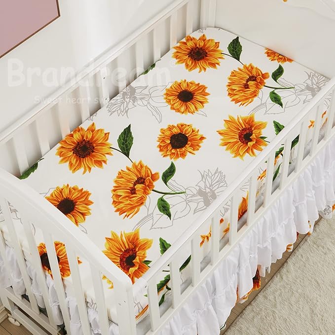 Brandream Girls Floral Nursery Bedding Yellow White Crib Bedding Sunflower Baby Blanket 3 Piece,Farmhouse Fitted Sheet, Ruffle Skirt-CubbioJoy