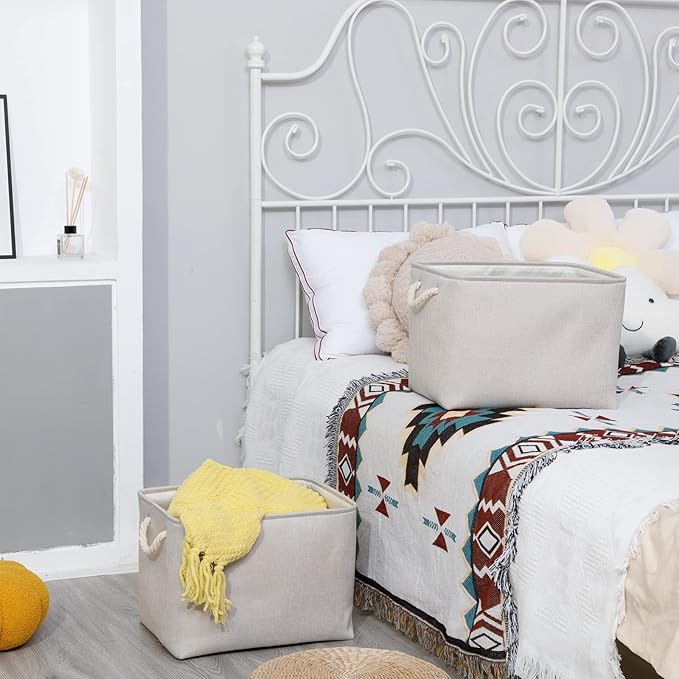 Bidtakay Large Fabric Storage Bins Beige Linen Closet Organizers Set of 2 Baskets for Shelves Clothes Bedroom 16x11.8x11.8 Inch Foldable Organization Baskets for Towels Blankets Storage Dog Toys-CubbioJoy