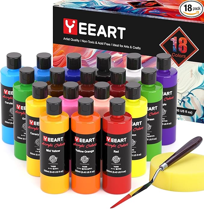 Acrylic Paint Set - 18 Colors, 8.45oz Large Bottles, Rich Pigmented Canvas Paint for Artists, Kids & Adults - Premium Non-toxic Art Supplies-CubbioJoy
