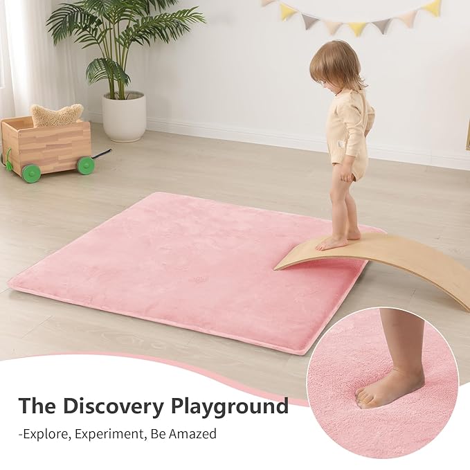 Baby Play Mat for Floor,1.3" Thick Elasti-Foam 50"×50" Playpen Mat for Tummy Time,Water Repellent Soft Coral Velvet for Toddler,Infant,Kids,Non-Slip Backing Safe for Crawling(Pink)-CubbioJoy
