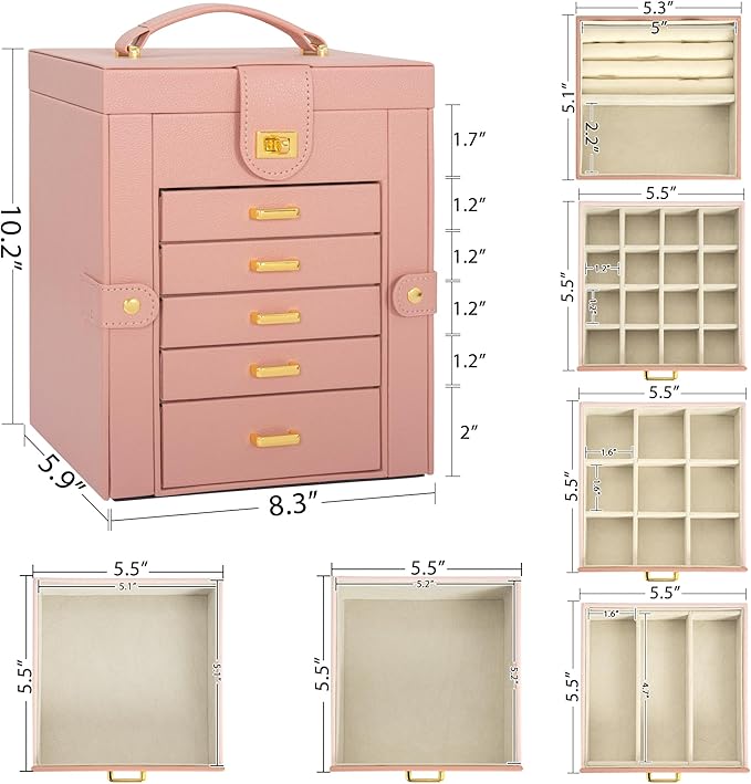 AKOZLIN Jewelry Box Organizer Functional Leather Jewelry Storage Case for Women Girls Ring Necklace Earring Bracelet Holder Organizer with Mirror Pink-CubbioJoy