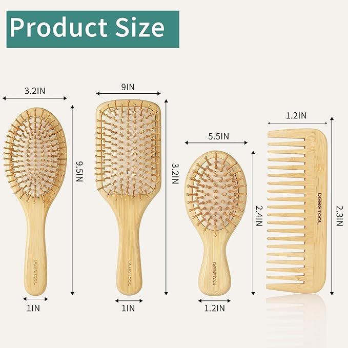 Bamboo Hair Brush Set, Natural Wooden Bamboo Comb Paddle Detangling Hairbrush for Hair Growth - Wide-tooth and Tail Comb Suitable for Thick/Thin/Curly/Dry Hair-CubbioJoy