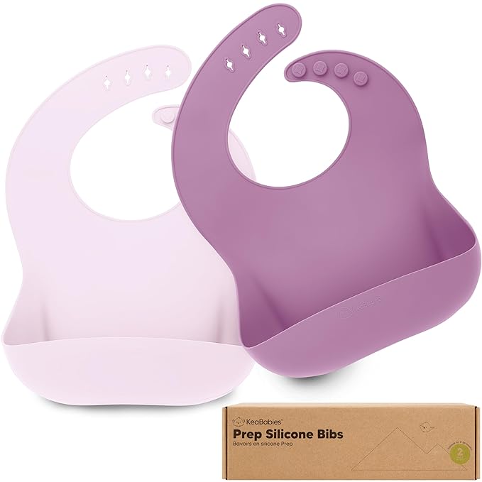 KeaBabies 2-Pack Silicone Baby Bibs for Eating - Sturdy Food-Grade Silicone Bibs for Babies Girl, Boy, Large Food Catcher, Clean & Put On Easily, Waterproof Toddler Feeding Essentials (Amethyst)-CubbioJoy