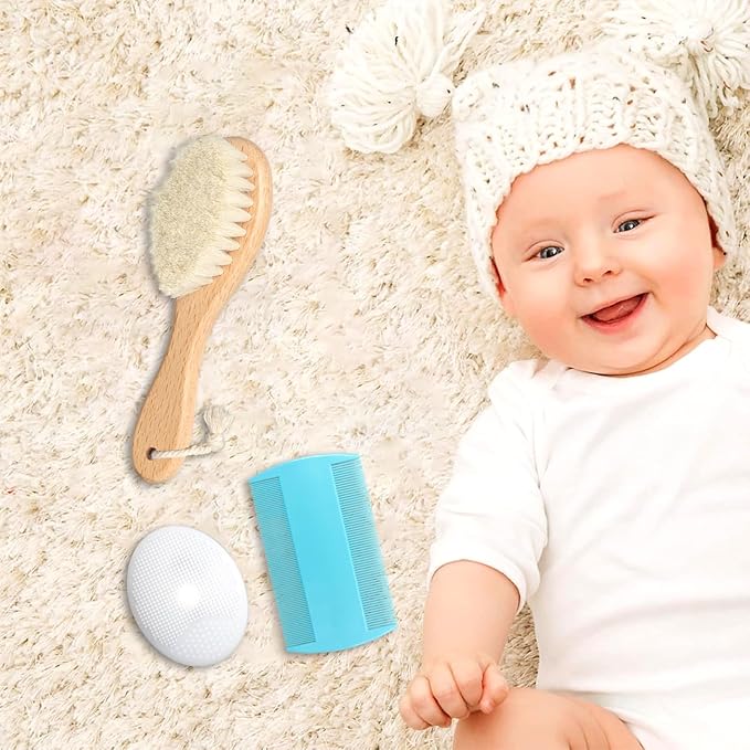 Baby Hair Brush and Comb Set, Wooden Natural Goat Bristles Hairbrush+Comb+ White Cradle Cap Brush Grooming Kit for Newborns Toddlers Boys Girls (Pack of 3)-CubbioJoy