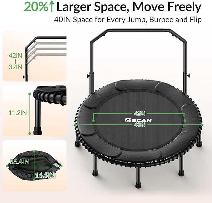 BCAN 40"/48" Mini Rebounder Trampoline for Adults with Bar, 450/550LBS Fitness Trampoline with Bungees, Adjustable Handle, Stable & Quiet, Indoor Outdoor, Whole-Body Workout & Relaxation at Home-CubbioJoy
