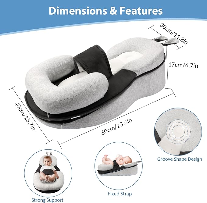 Baby Lounger,Pillow with Safety Straps, Dual-Function Removable Machine-Washable Pad, Lightweight & Portable（Gray）-CubbioJoy