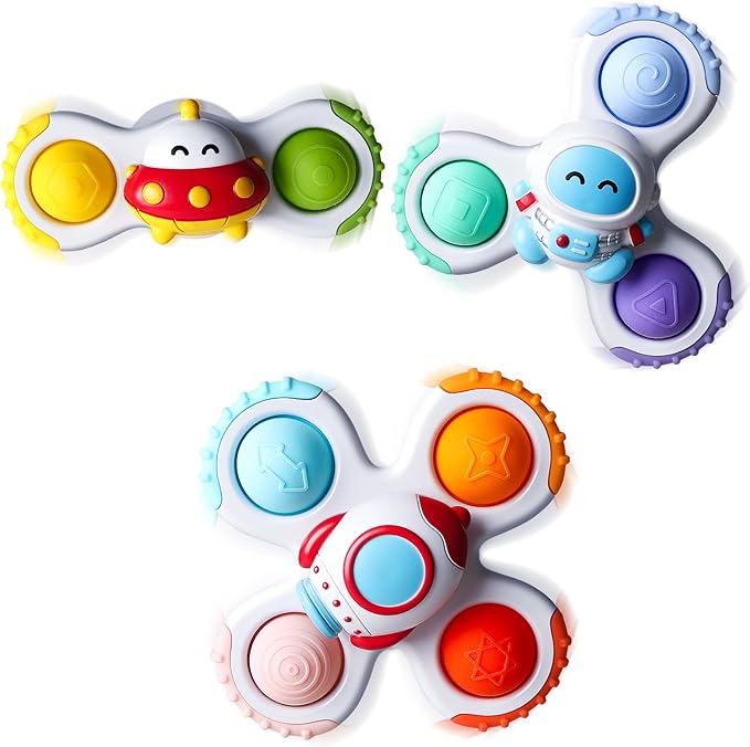 ALASOU 3PCS Pop Suction Cup Spinner Toys for 1 Year Old Boy Girl|Novelty Spinning Tops Toddler Toys Age 1-2|Sensory Baby Bath Toy for Toddlers 1-3|12 18 Months Boy Birthday Gift for Infant-CubbioJoy