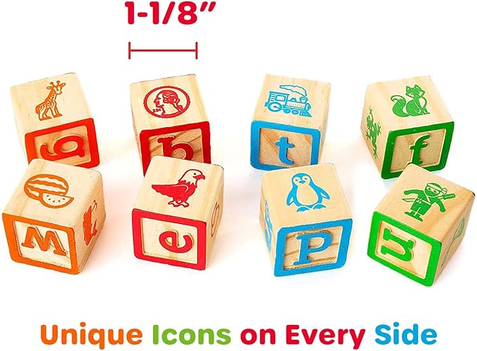 Building Blocks for Toddlers 1-3 Years Old, 30 Large Stackable Wooden Baby Blocks with Alphabet and Number Icons on Every Side, Toy Wagon Included﻿-CubbioJoy